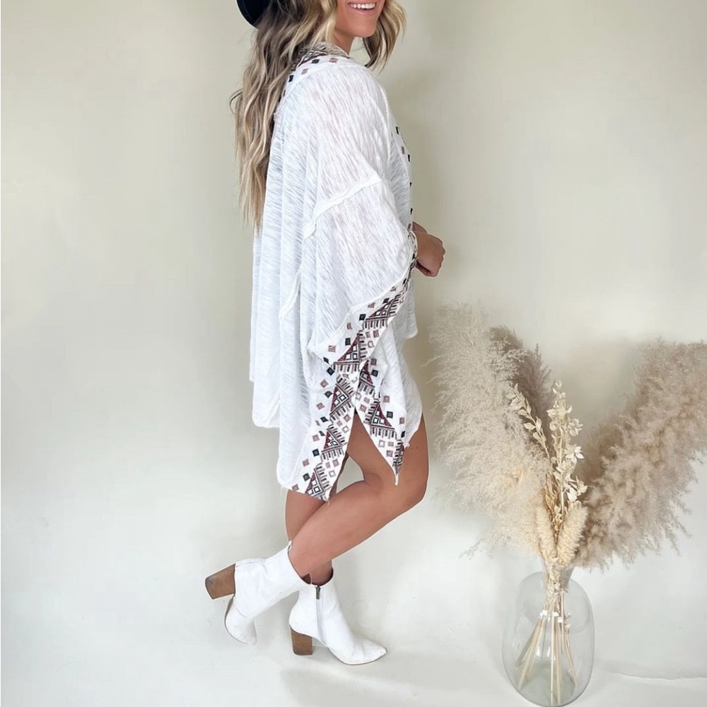 White Boho Kimono With Colored Pattern Stitching - image 1